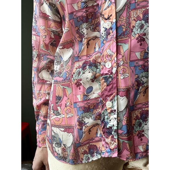 Vintage 70s Art Nouveau Print Blouse | Feminine Graphic | Disco Button-Up | M - Picture 8 of 9